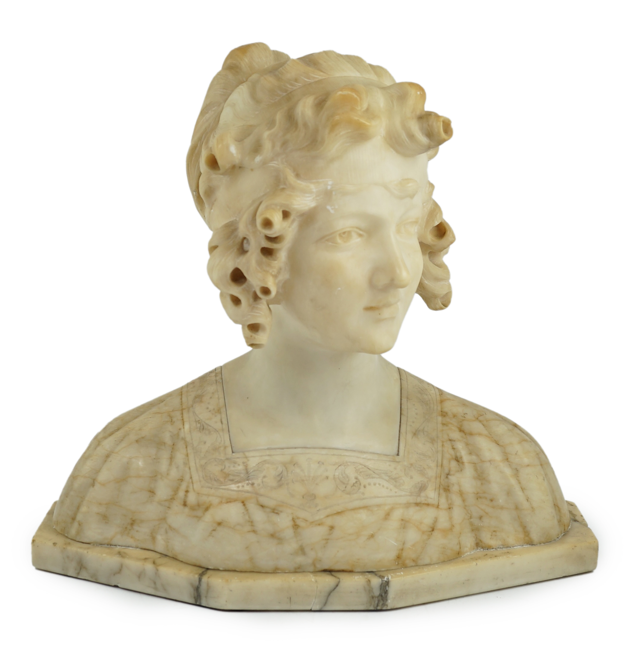 Magison Bland, an Art Nouveau alabaster head and shoulder study of a young beauty, 39cm wide, 36cm high